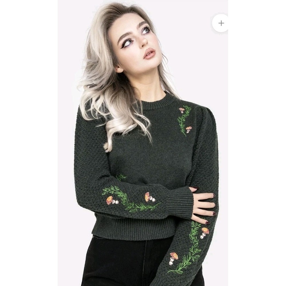 New Disturbia Fable Embroidered Mushrooms Sweater Green Woman M Wool Blend Boho